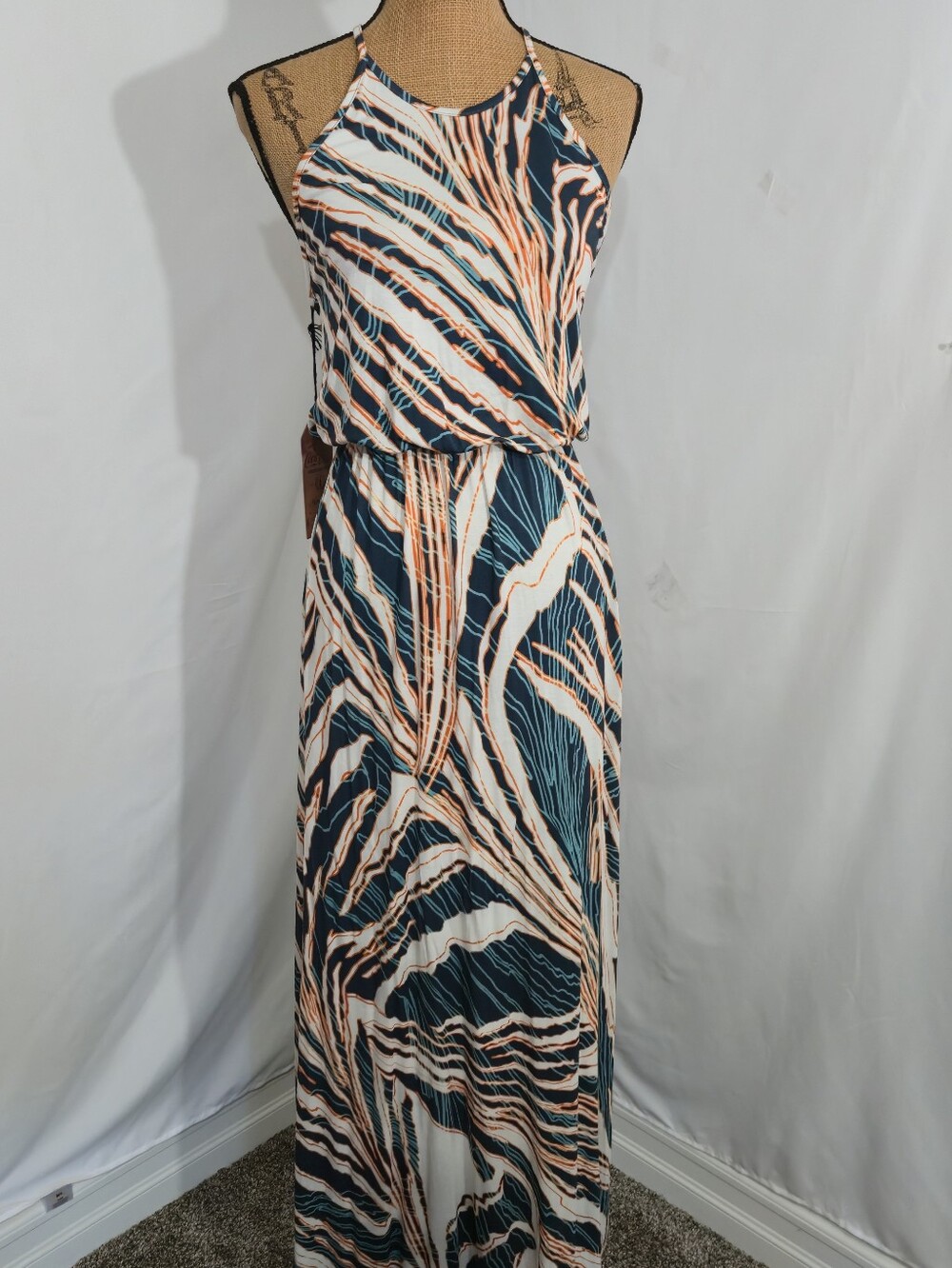 Coca Cola Teal, Cream, and Coral Abstract Halter Maxi Dress